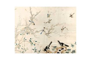 A LARGE CHINESE EMBROIDERED 'MAGPIE AND FLOWERS' SILK PANEL 清 花鳥圖刺繡掛屏 鏡框