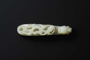 A CHINESE PALE-CELADON JADE 'CHILONG' BELT HOOK 清十八或十九世紀 白玉雕螭龍紋帶鉤