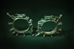 A PAIR OF DONG SON BRONZE 'AGRICULTURE' FITTINGS 東山文化 銅耕種紋飾一對