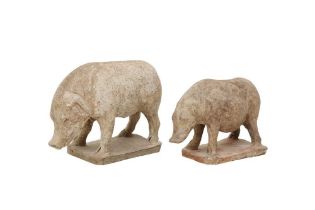 TWO CHINESE POTTERY FIGURES OF BOARS 漢 陶豬兩件