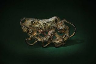 A CHINESE BRONZE 'ANIMAL COMBAT' PLAQUE 西漢 滇文化 銅獸紋牌飾