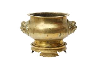 A CHINESE BRASS BOMBE CENSER AND STAND 清十九世紀 銅香爐連底座