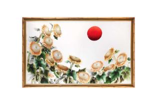 A LARGE AND IMPRESSIVE JAPANESE 'SUNFLOWERS' EMBROIDERED SILK PANEL