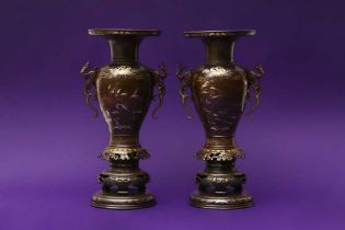 A PAIR OF JAPANESE INLAID BRONZE VASES