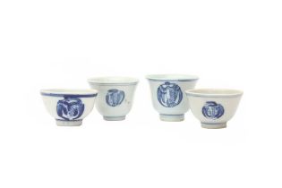 FOUR SMALL CHINESE BLUE AND WHITE 'CRANE' CUPS 清十九世紀 青花團鶴紋盃四件