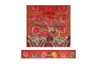 TWO CHINESE EMBROIDERED RED-GROUND TEXTILE PANELS 清晚期 紅地織錦兩件