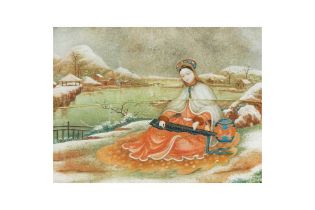 A CHINESE REVERSE GLASS PAINTING OF A LADY PLAYING THE GUQIN 清乾隆 仕女彈琴圖玻璃鏡畫