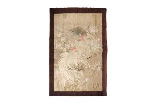 A LARGE JAPANESE EMBROIDERED 'COCKERELS' WALL HANGING
