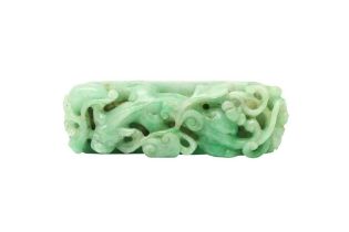 A CHINESE APPLE-GREEN JADE 'CHILONG' PAPERWEIGHT 翠玉雕螭龍紋紙鎮