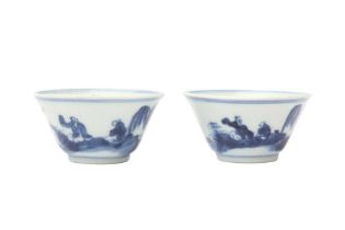 TWO CHINESE BLUE AND WHITE CUPS 清十九世紀 青花山水人物圖盃兩件 《若深珍藏》款
