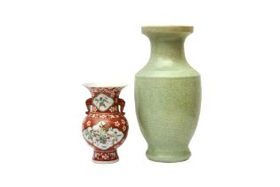 A CHINESE CRACKLE-GLAZED SOFT PASTE VASE AND A FAMILLE-VERTE VASE 清十九或二十世紀 漿胎青釉冰裂紋瓶及五彩象耳瓶