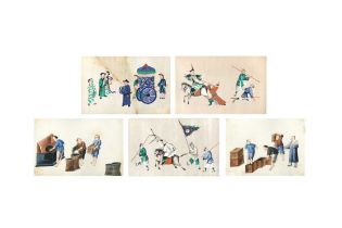 FIVE CHINESE PITH PAPER PAINTINGS 十九世紀 通草人物畫五幅