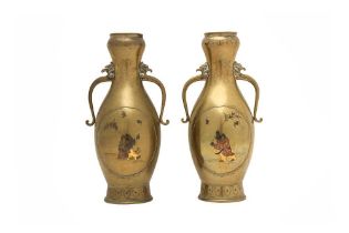 A PAIR OF JAPANESE INLAID BRONZE GARLIC MOUTH VASES