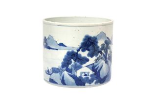 A CHINESE BLUE AND WHITE 'LANDSCAPE' BRUSH POT, BITONG 清 青花山水圖紋筆筒