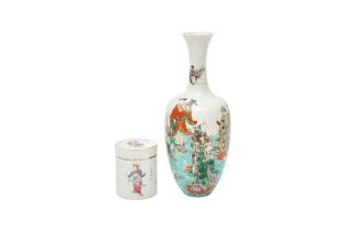 A CHINESE FAMILLE-ROSE 'WU SHUANG PU' JAR AND COVER AND A VASE 十九世紀至民國時期 粉彩「無雙譜」蓋盒及瓶一組
