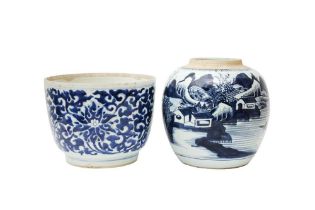A CHINESE BLUE AND WHITE JAR AND A POT 清 十八至十九世紀 青花山水圖紋罐及青花纏枝蓮紋罐