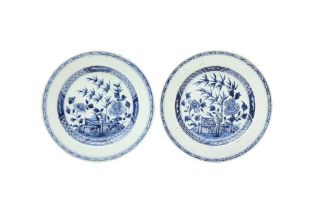 TWO CHINESE EXPORT BLUE AND WHITE DISHES 清十八世紀 外銷青花牡丹竹紋盤兩件