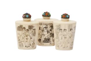 THREE CHINESE BONE 'EROTIC' SNUFF BOTTLES 二十世紀 骨刻春宮圖紋鼻煙壺三件