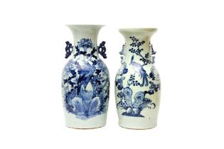 TWO CHINESE BLUE AND WHITE CELADON-GROUND VASES 清十九世紀 青地青花花鳥圖紋瓶兩件