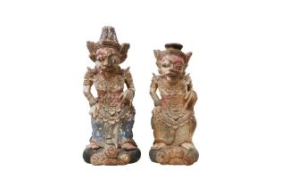 TWO BALINESE POLYCHROME CARVED WOOD FIGURES
