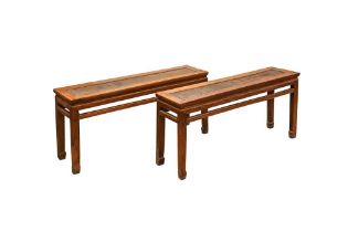 A PAIR OF CHINESE WOOD NARROW BENCHES 清 木窄凳