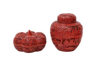 A CHINESE CINNABAR LACQUER JAR AND COVER AND A BOX AND COVER 二十世紀早期 剔紅林中高士圖蓮子罐及瓜形蓋盒