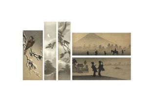 UNKNOWN ARTIST Three Japanese woodblock prints and two watercolours