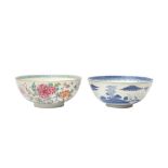 TWO CHINESE EXPORT BOWLS 清十九世紀 粉彩牡丹紋盌及青花山水圖紋盌