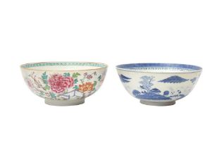 TWO CHINESE EXPORT BOWLS 清十九世紀 粉彩牡丹紋盌及青花山水圖紋盌