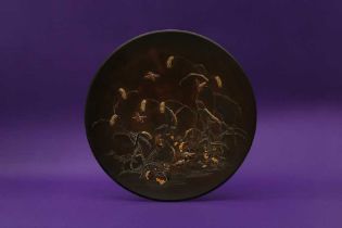 A JAPANESE INLAID BRONZE 'SPARROWS AND MILLET' DISH BY IKKO-DO