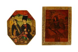 TWO QAJAR LACQUERED PAPIER-MÂCHÉ MIRROR CASE PANELS Zand and Qajar Iran, late 18th and first half 19