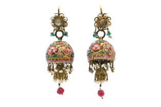 A PAIR OF QAJAR POLYCHROME-PAINTED ENAMELLED EARRINGS Qajar Iran, mid to late 19th century