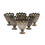 SIX INCISED LOW-GRADE SILVER CUP HOLDERS (ZARF) Possibly Iran for the Turkish market, 20th century
