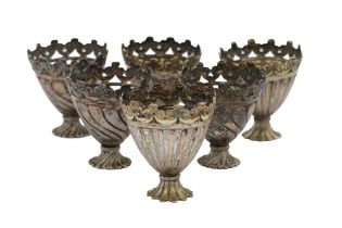 SIX INCISED LOW-GRADE SILVER CUP HOLDERS (ZARF) Possibly Iran for the Turkish market, 20th century