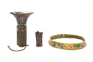 THREE POLYCHROME-PAINTED ENAMELLED QALYAN COPPER AND GOLD ELEMENTS Qajar Iran, 19th century