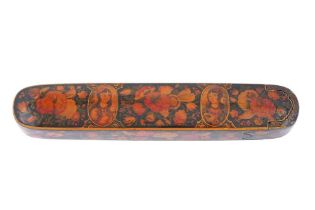 A QAJAR LACQUERED PAPIER-MÂCHÉ PEN CASE (QALAMDAN) WITH PORTRAITS AND GOL-O-BOLBOL MOTIFS Iran, 19th