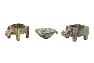 TWO CARVED STEATITE INCENSE BURNERS WITH ANIMAL HEADS AND A BOWL Possibly Siraf or Susa, Southern Ir