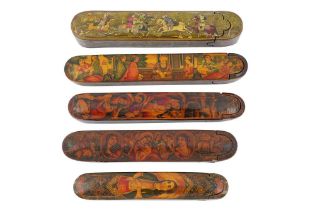 FIVE LACQUERED PAPIER-MÂCHÉ PEN CASES (QALAMDAN) WITH QAJAR MAIDENS AND GROUP GATHERINGS Iran, late