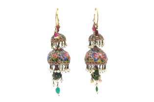 A PAIR OF LONG QAJAR POLYCHROME-PAINTED ENAMELLED EARRINGS Qajar Iran, mid to late 19th century