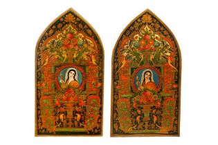 A PAIR OF LARGE QAJAR-REVIVAL OIL PAINTINGS WITH FEMALE PORTRAITS AND FLORAL TRIUMPHS Iran, 20th cen
