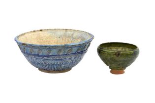 AN OLIVE GREEN-GLAZED INCISED POTTERY BOWL AND A MONUMENTAL COBALT BLUE-GLAZED POTTERY BOWL Northern