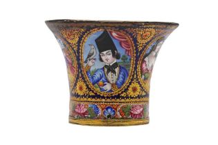 A POLYCHROME-PAINTED ENAMELLED COPPER QALYAN CUP WITH QAJAR YOUTHS AND MAIDENS Qajar Iran, 19th cent
