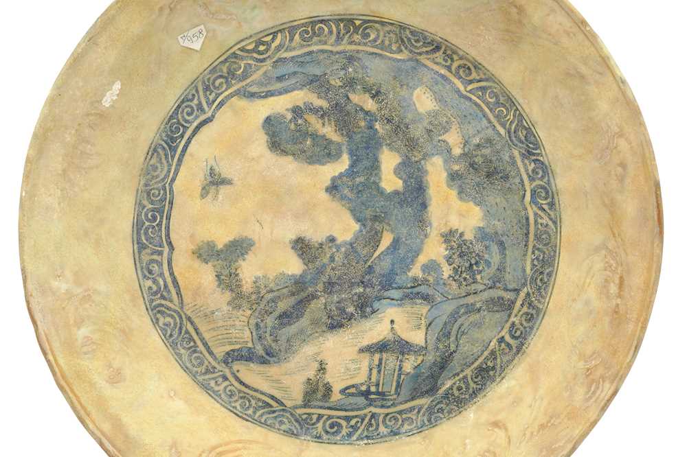 A LARGE ASIAN-INSPIRED BLUE AND WHITE POTTERY CHARGER WITH CHINESE LANDSCAPE Possibly Kirman, Southe - Image 2 of 4