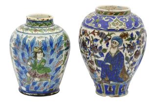 TWO POLYCHROME-PAINTED FIGURAL POTTERY VASES Late Qajar and Pahlavi Iran, 20th century