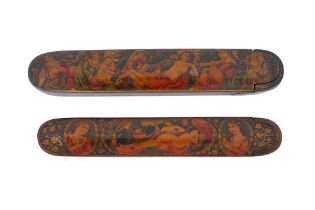 TWO QAJAR LACQUERED PAPIER-MÂCHÉ PEN CASES (QALAMDAN) WITH RECLINED NUDE WESTERN LADIES Iran, 19th c