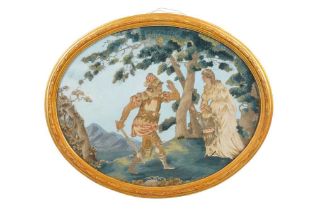 AN 18TH CENTURY SILK WORKED OVAL PICTURE OF 'RINALDO AND ARMIDA'