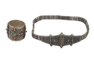 AN ALGERIAN LOW-GRADE SILVER BELT AND AN ENAMELLED WRIST CUFF BANGLE Kabylia, Algeria, North Africa,