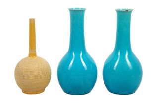 A PAIR OF BURMANTOFTS ART POTTERY VASES WITH TURQUOISE GLAZE, LATE 19TH CENTURY