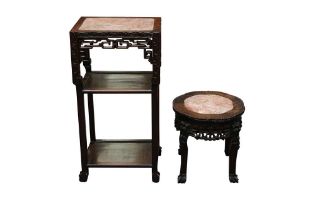 A CHINESE CARVED HARDWOOD TWO TIER JARDINIERE STAND
