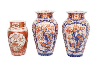 A PAIR OF JAPANESE IMARI VASES AND A KUTANI VASE